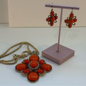 Vintage Statement Necklace & Earrings Set Orange Cabochons Gold Tone Cross Style
